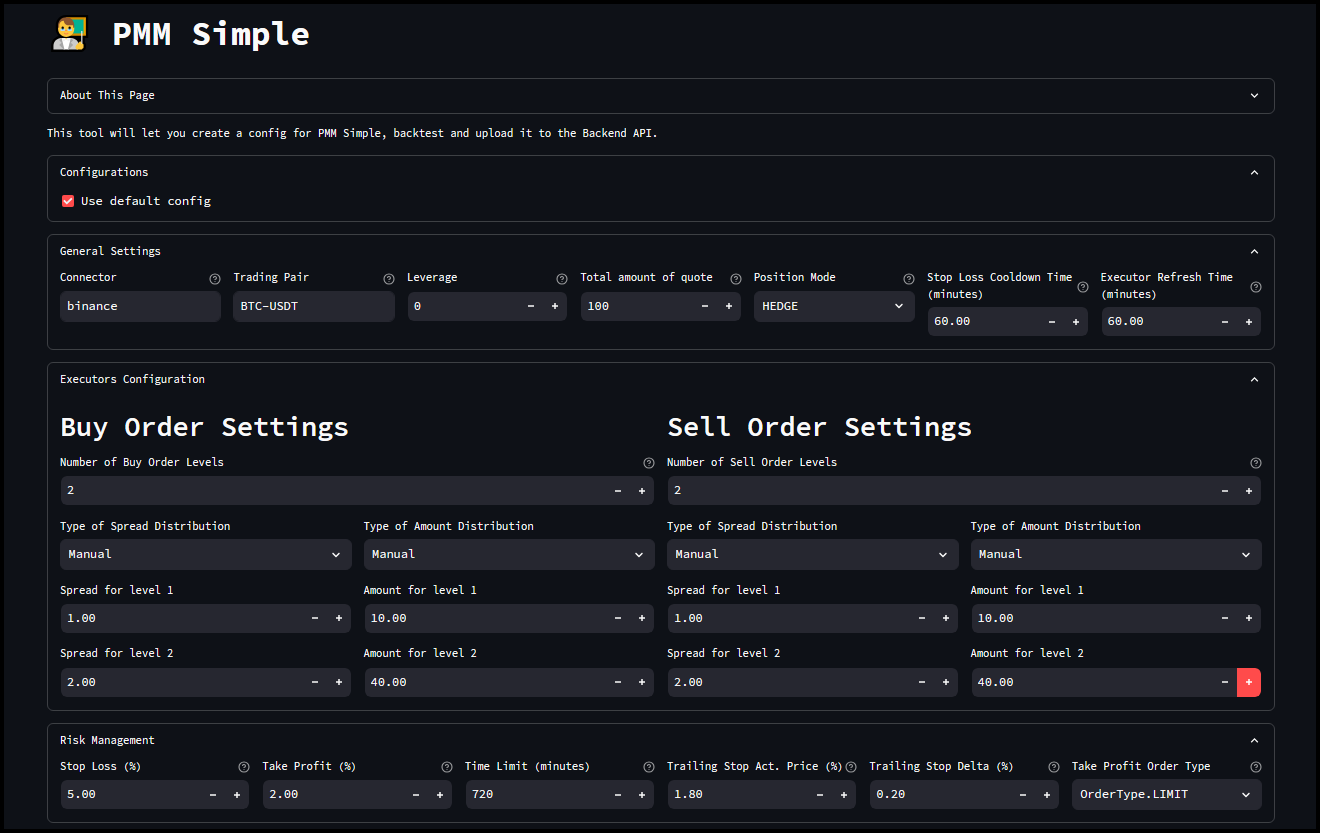 Configuring the PMM Simple controller for backtesting